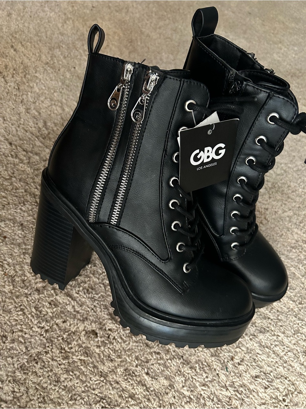 GBG Lace Up Zip Up Chunky Platform High Heel Boots